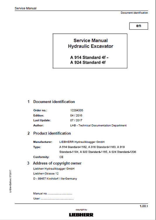 Liebherr A914, A916, A918, A920, A924 Standard Tier 4F Excavator Manual