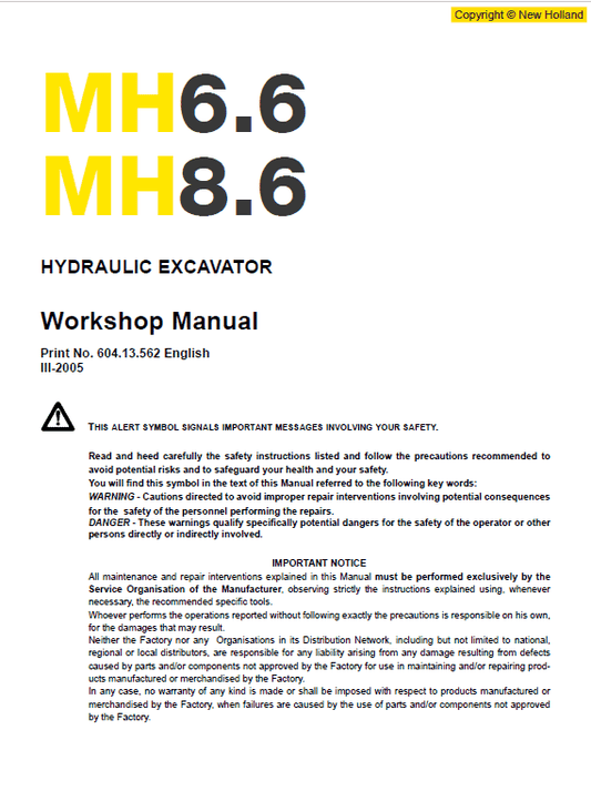 New Holland MH6.6 and MH8.6 Excavator Manual Workshop Guide