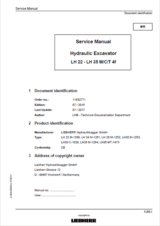 Liebherr LH22C, LH22M, LH24, LH26M, LH30C, LH30M, LH35M, LH35T Excavator Manual