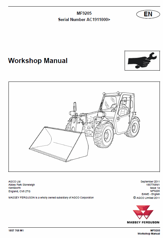Massey Ferguson MF 9205 Telescopic Handler Service Manual Workshop Guide