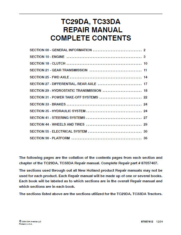 New Holland TC29DA, TC33DA Tractor Service Manual Workshop Guide