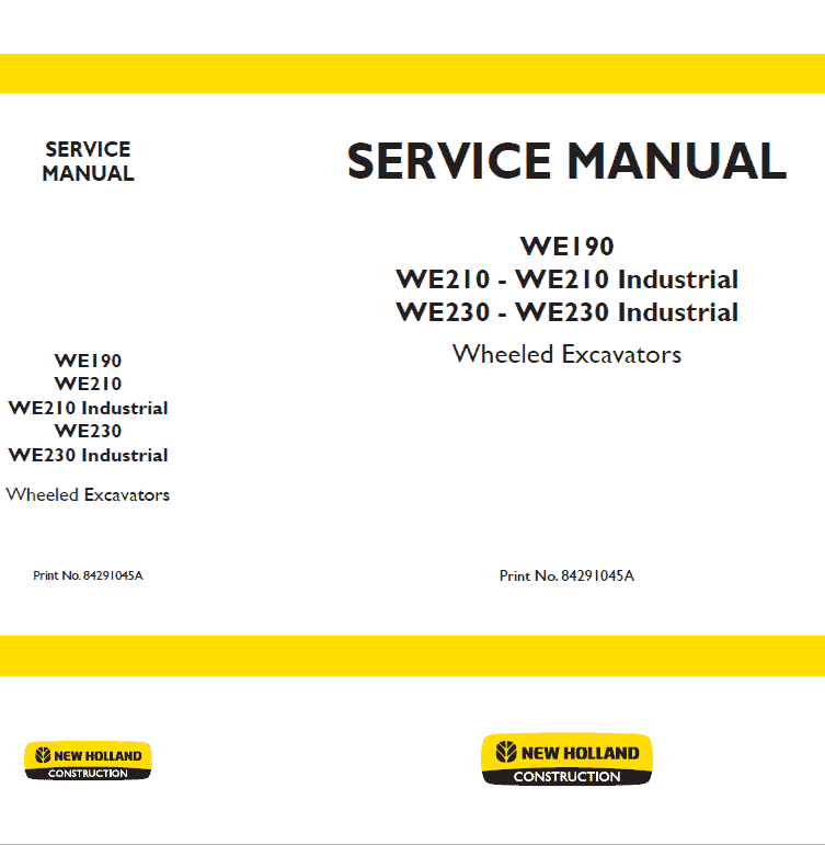 New Holland WE190, WE210 and WE230 Wheeled Excavators Manual Workshop Guide
