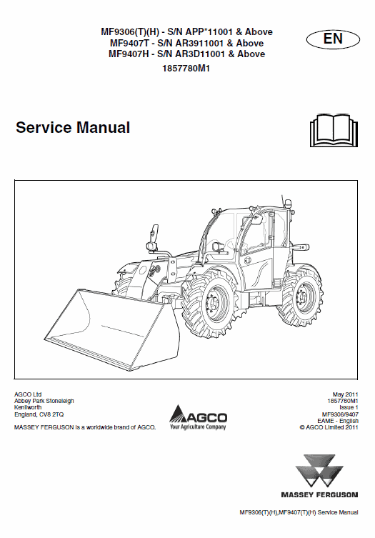 Massey Ferguson MF 9306, 9407 (T)(H) Telescopic Handler Service Manual Workshop Guide