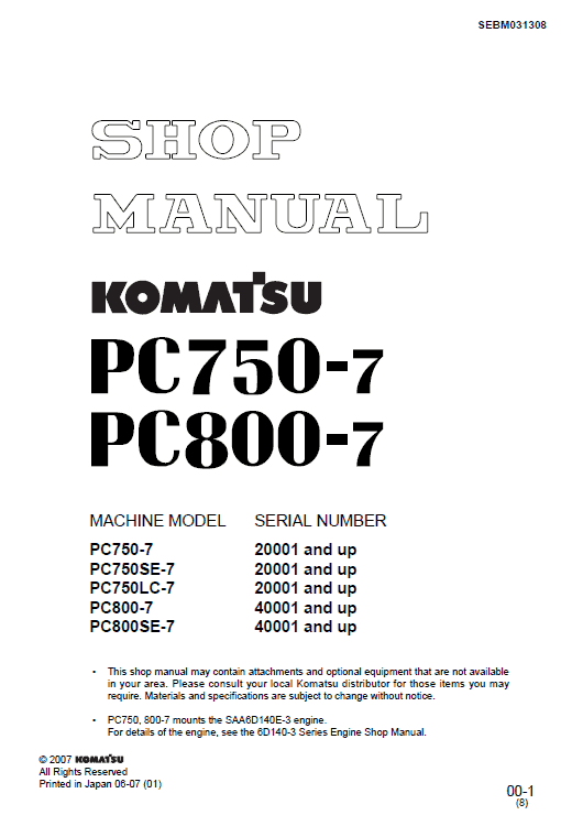 Komatsu PC750-7, PC750LC-7, PC800-7, PC800SE-7 Excavator Service Manual Workshop Guide
