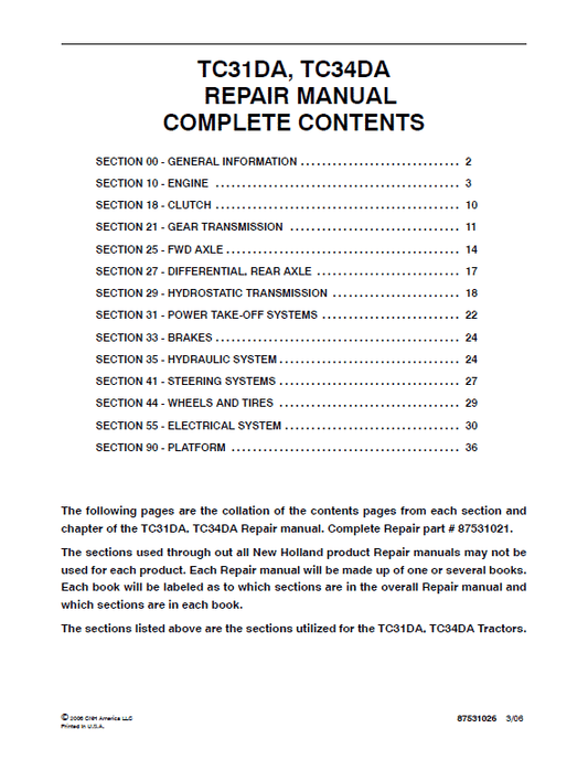 New Holland TC31DA, TC34DA Tractor Service Manual Workshop Guide