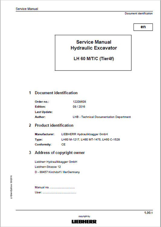 Liebherr LH60C, LH60M, LH60MT Tier 4F Hydraulic Excavator Service Manual