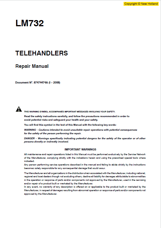 New Holland LM732 Telehandlers Service Manual Workshop Guide
