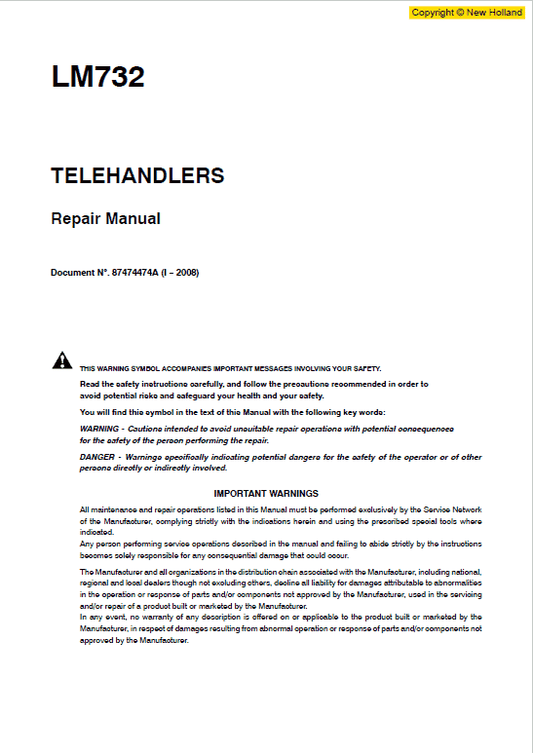 New Holland LM732 Telehandlers Service Manual Workshop Guide