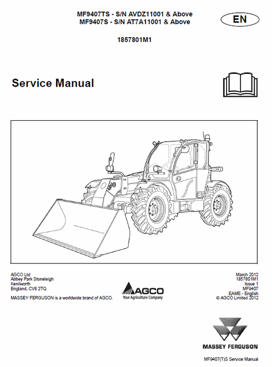 Massey Ferguson MF 9407TS, 9407S Telescopic Handler Service Manual Workshop Guide