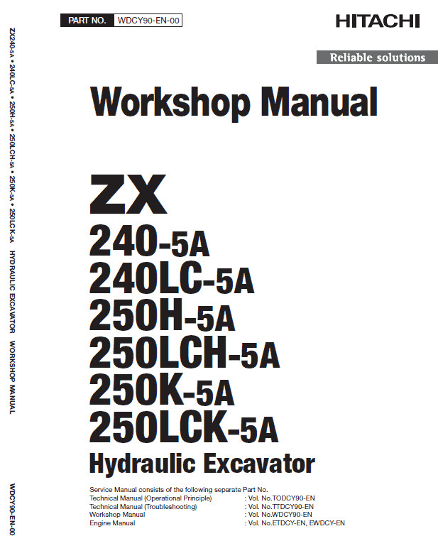 Hitachi ZX240-5A, ZX240LC-5A and ZX250LCH-5A Excavator Repair Manual Workshop Guide