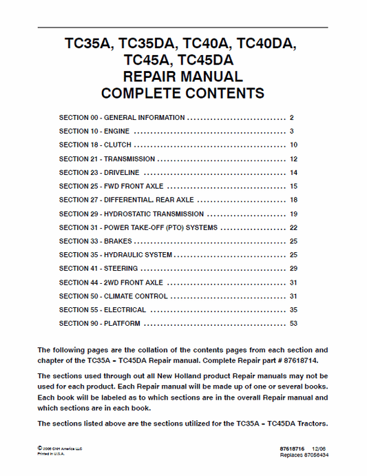 New Holland TC35A, TC35DA, TC40A Tractor Service Manual Workshop Guide