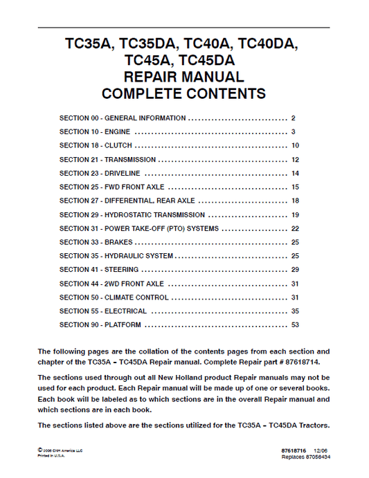 New Holland TC40DA, TC45A, TC45DA Tractor Service Manual Workshop Guide