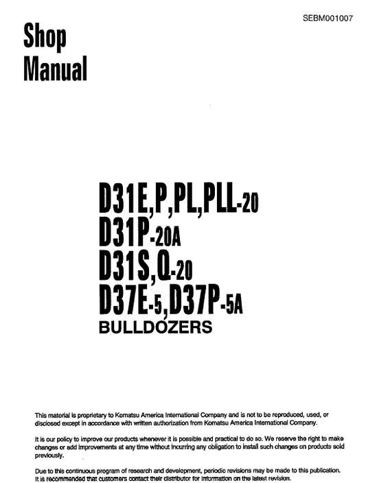 Komatsu D31E-20, D31P-20, D31PL-20, D31PLL-20 Dozer Manual Workshop Guide