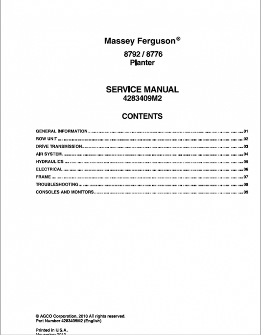 Massey Ferguson 8792, 8776 Planter Service Manual Workshop Guide