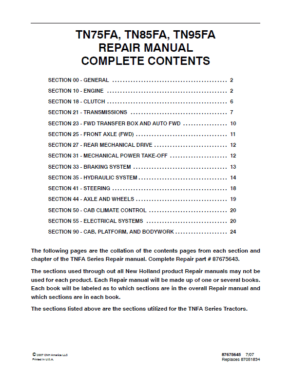 New Holland TN75FA, TN85FA, TN95FA Tractor Service Manual Workshop Guide