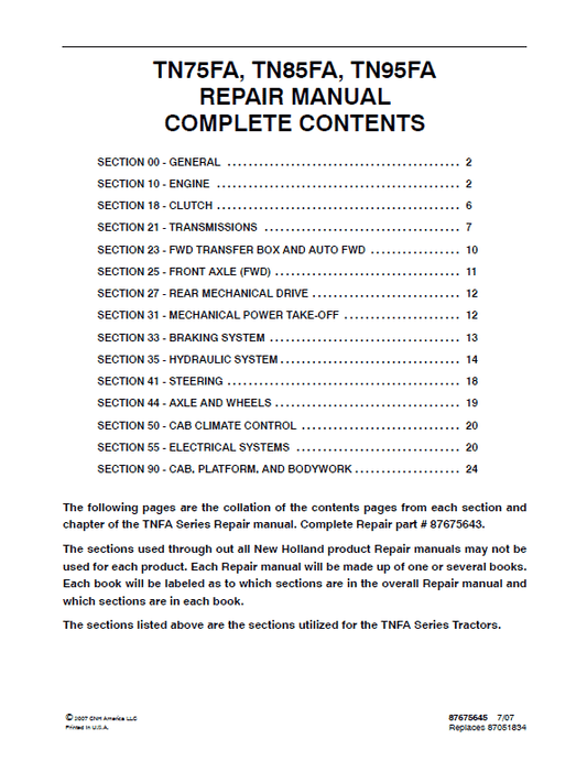 New Holland TN75FA, TN85FA, TN95FA Tractor Service Manual Workshop Guide