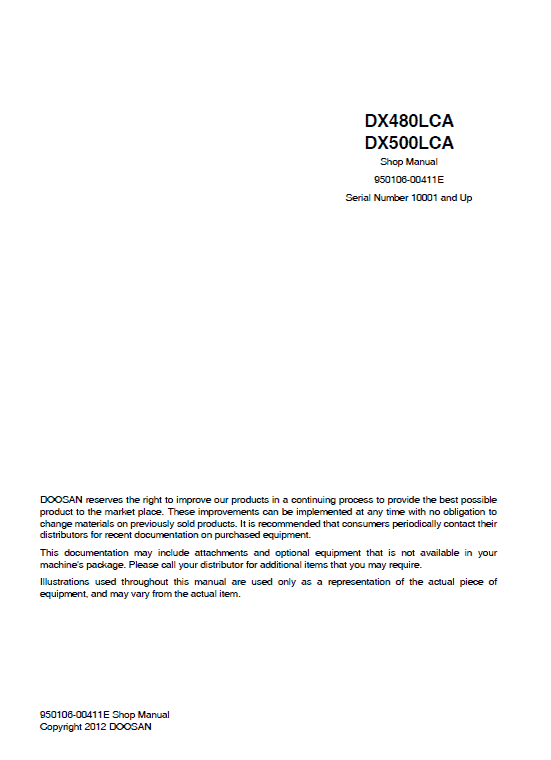 Doosan DX480LCA and DX500LCA Excavator Service Manual Workshop Guide