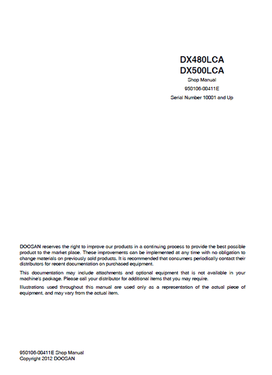 Doosan DX480LCA and DX500LCA Excavator Service Manual Workshop Guide