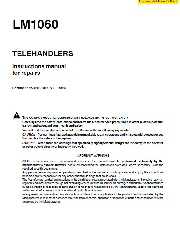 New Holland LM1060 Telehandlers Service Manual Workshop Guide