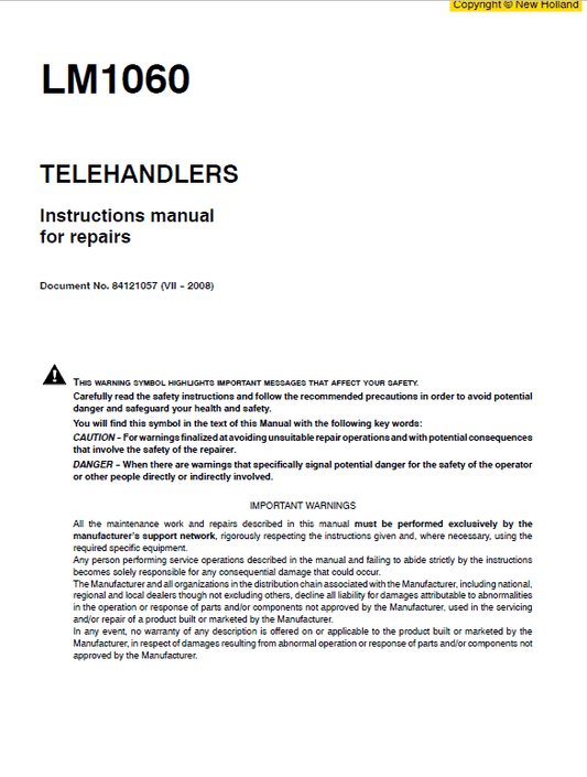 New Holland LM1060 Telehandlers Service Manual Workshop Guide