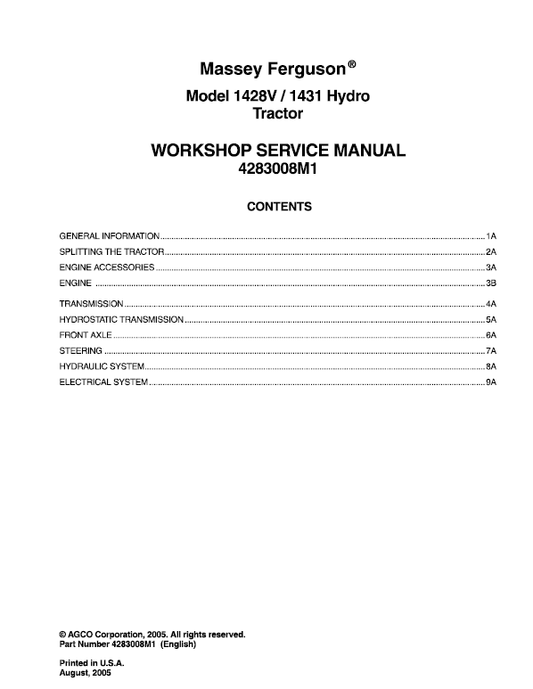 Massey Ferguson 1428V, 1431 Tractor Service Manual Workshop Guide