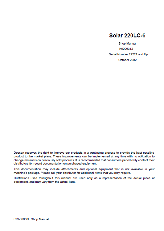 Daewoo Solar S220LC-6 Excavator Service Manual Workshop Guide