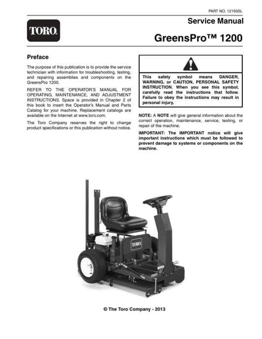 Toro Greens Pro 1200 Service Repair Manual Workshop Guide