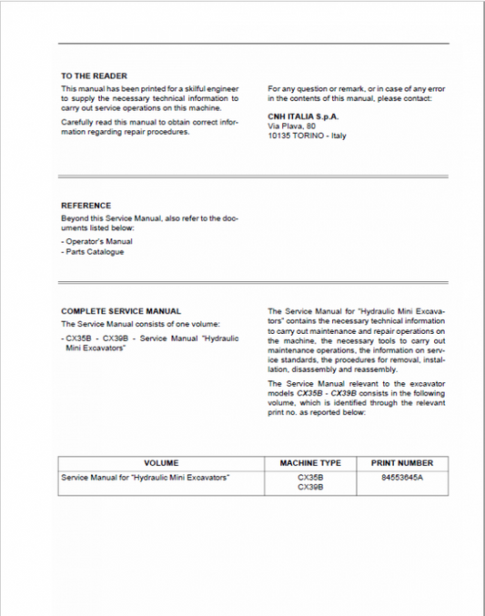 Case CX35B, CX39B Mini Excavator Service Manual Workshop Guide