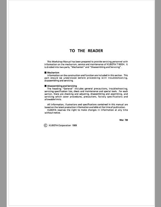 Kubota T1600H Lawn Mower Workshop Repair Manual