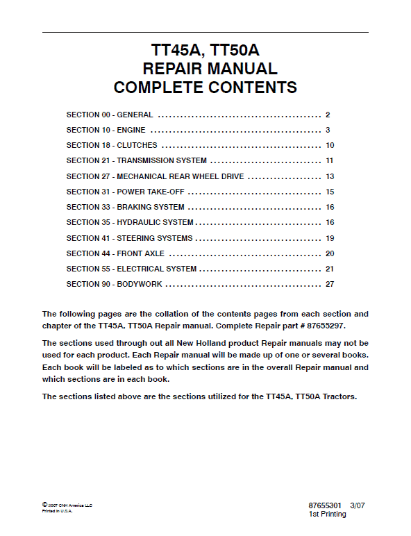 New Holland TT45A, TT50A Tractor Service Manual Workshop Guide