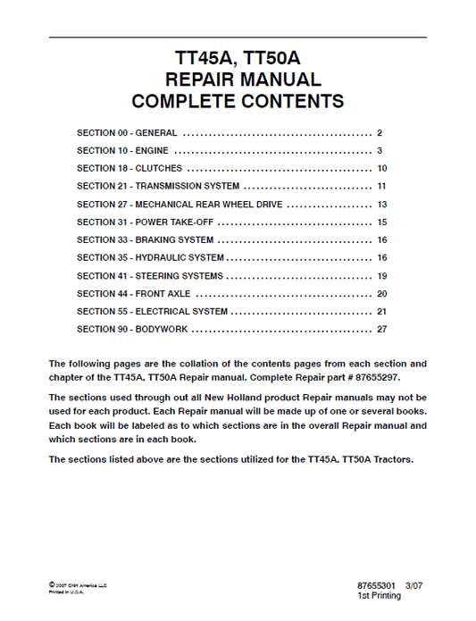 New Holland TT45A, TT50A Tractor Service Manual Workshop Guide