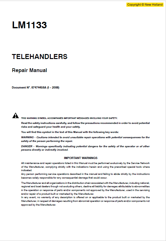 New Holland LM1133 Telehandlers Service Manual Workshop Guide