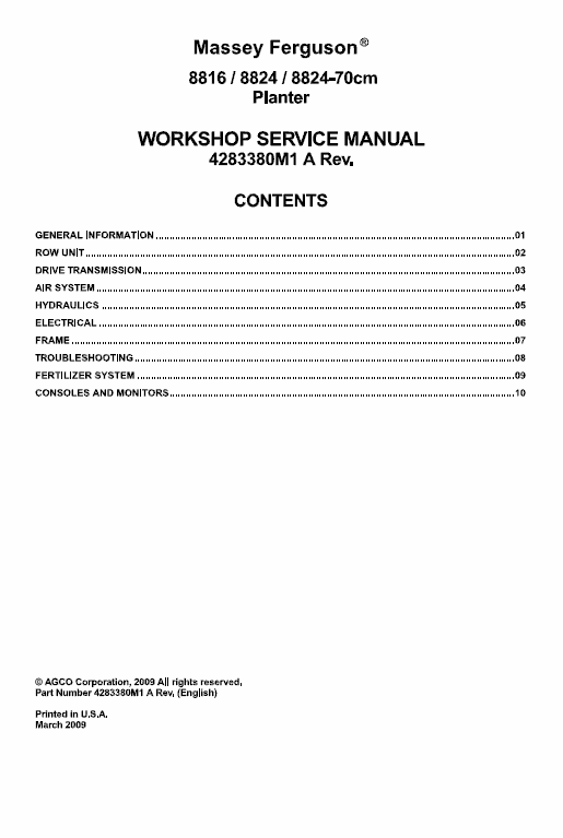 Massey Ferguson 8816, 8824 Planter Service Manual Workshop Guide