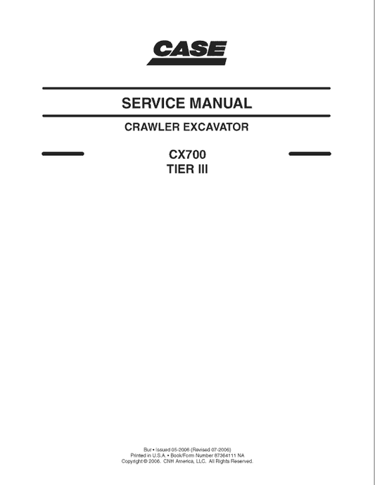 Case CX700 Crawler Excavator Service Manual Workshop Guide