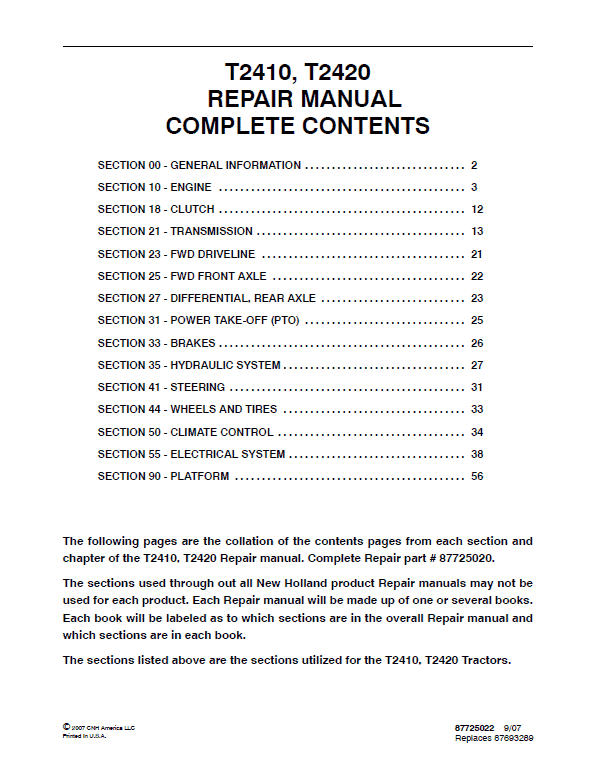 New Holland T2410, T2420 Tractor Service Manual Workshop Guide