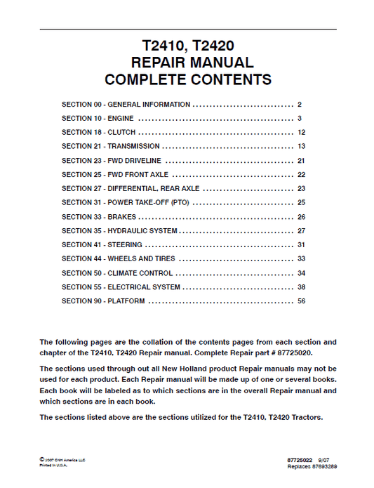 New Holland T2410, T2420 Tractor Service Manual Workshop Guide