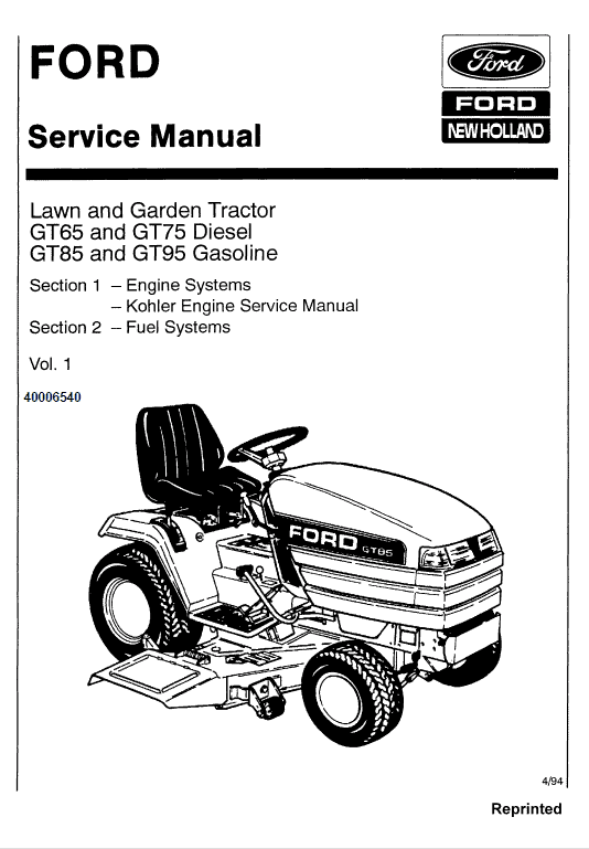 Ford GT64, GT75, GT85, GT95 Lawn Tractor Service Manual Workshop Guide