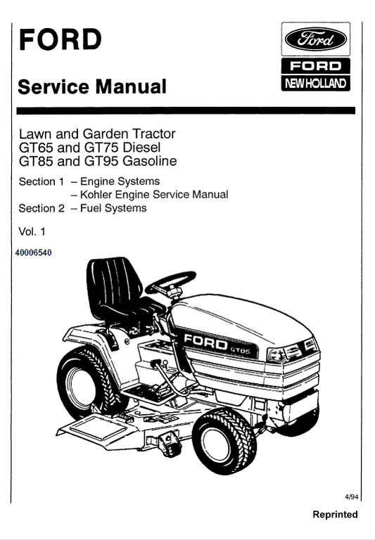 Ford GT64, GT75, GT85, GT95 Lawn Tractor Service Manual Workshop Guide