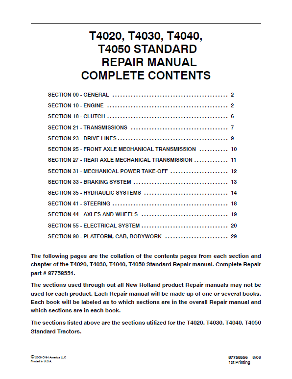 New Holland T4020, T4030, T4040 Tractor Service Manual Workshop Guide