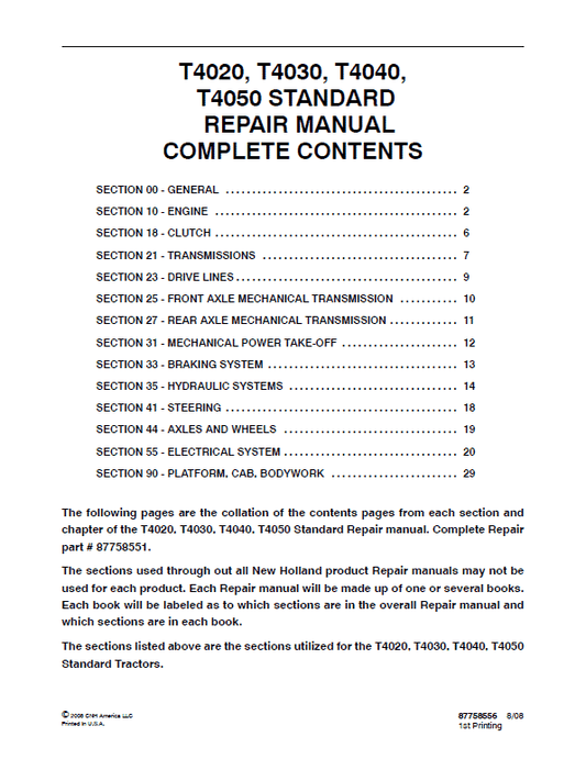 New Holland T4020, T4030, T4040 Tractor Service Manual Workshop Guide