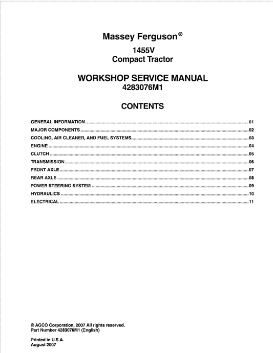 Massey Ferguson 1455, 1455V Tractor Service Manual Workshop Guide