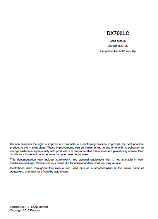 Doosan DX700 Excavator Service Manual Workshop Guide