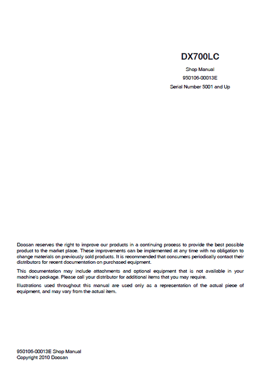 Doosan DX700 Excavator Service Manual Workshop Guide