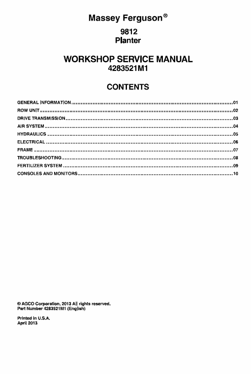 Massey Ferguson 9812 Planter Service Manual Workshop Guide