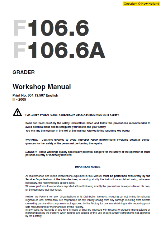 New Holland F106.6 and F106.6A Grader Service Manual Workshop Guide