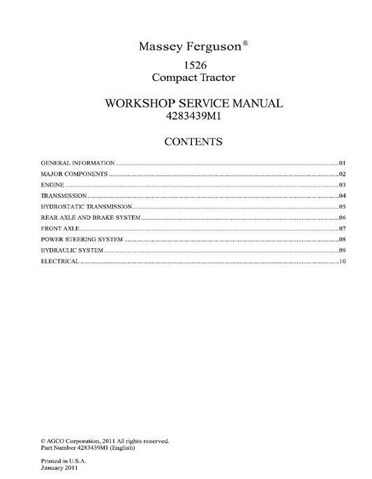 Massey Ferguson 1526 Tractor Service Manual Workshop Guide