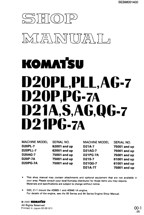 Komatsu D21A-7, D21S-7, D21AG-7, D21QG-7, D21PG-7A Dozer Manual Workshop Guide