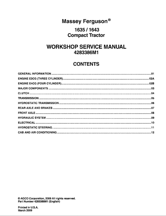 Massey Ferguson 1635, 1643 Compact Tractor Manual Workshop Guide