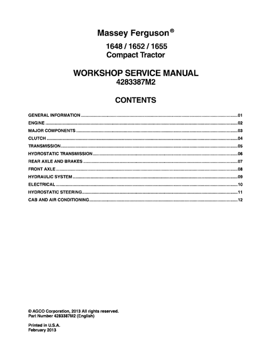 Massey Ferguson 1648, 1652, 1655 Compact Tractor Manual Workshop Guide