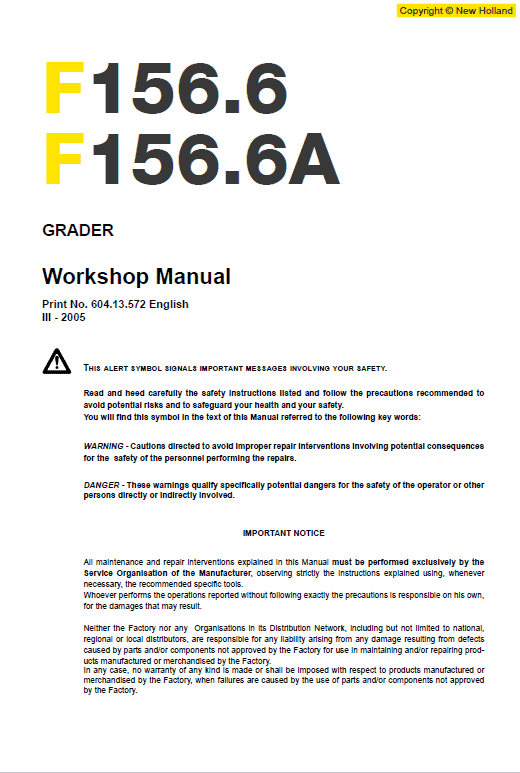 New Holland F156.6 and F156.6A Grader Service Manual Workshop Guide